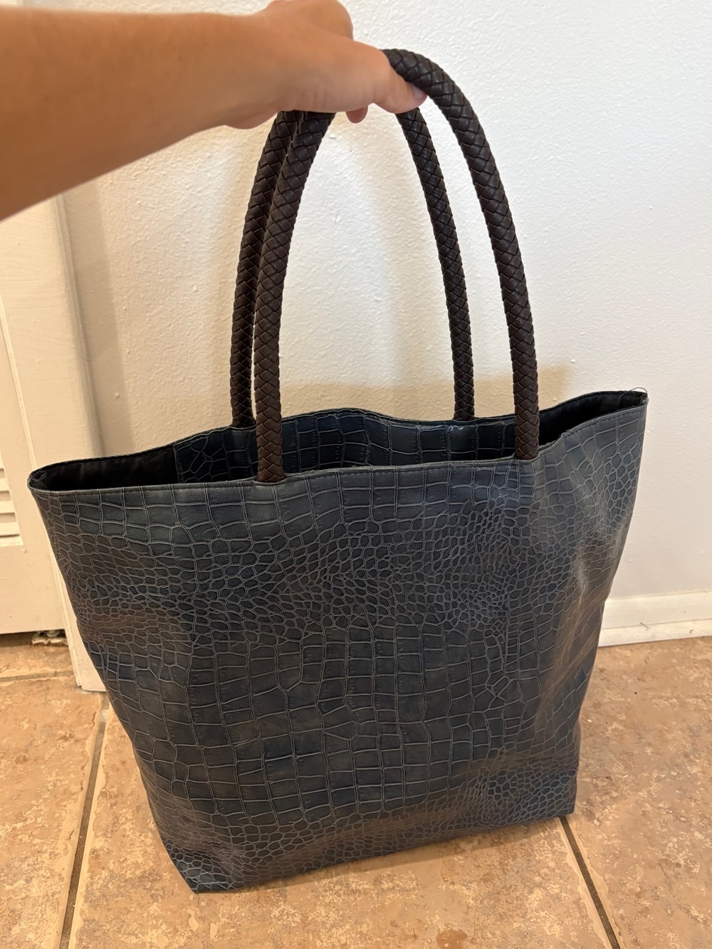 Neiman Marcus Large Bucket Tote with Braided Handles - Navy